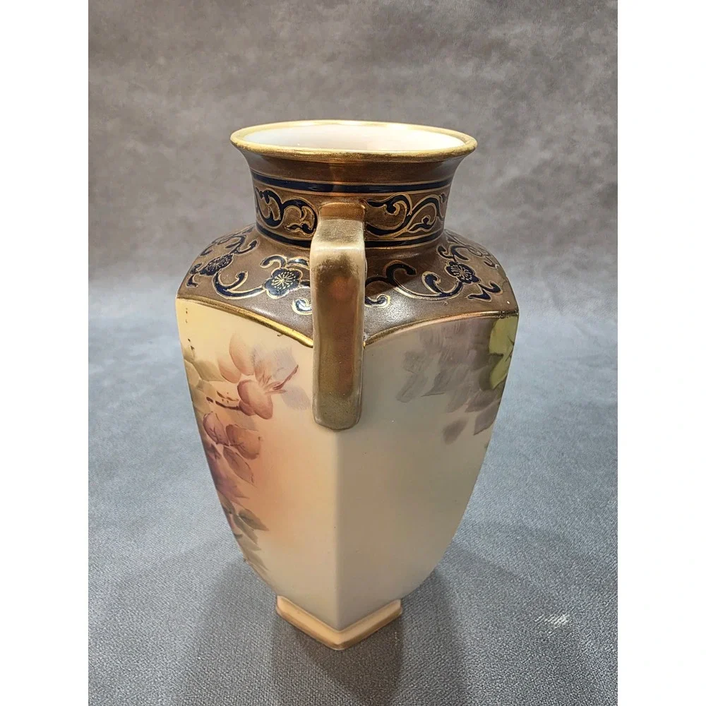Vintage Noritake‎ Hand Painted Porcelain Vase Hexagon Moriage Gold Rose K Saito